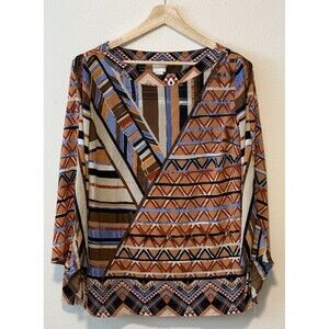 Chico's Tunic Top Size Large 2 Rust Tribal Print Boat Neck Boho Business Casual